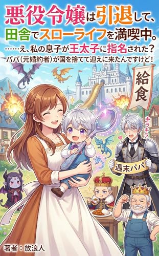 「悪役令嬢は引退して、田舎でスローライフを満喫中。……え、私の息子が王太子に指名された？ パパ（元婚約者）が国を捨てて迎えに来たんですけど！: スローライフ？ いいえ、それは物理で殴るものです」の表紙。悪役令嬢、スローライフ、家族の要素を含む家族・再会ロマンス。